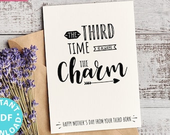 Funny Mother's Day Card Printable Mom card "Third time is always the charm" From Son Daughter Editable Text Happy Mother's Day Card
