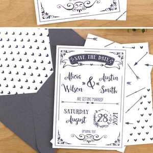 Réservez les cartes de date, imprimables, mariage rustique Cartes de réservation de date, mariage de style bohème, modèle de mariage, noir, flèches, TÉLÉCHARGEMENT IMMÉDIAT