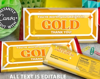Gold Bar Chocolate Wrap Printable, Teacher Appreciation Week Gift, Thank You Candy Bar Wrappers, Staff Volunteer Favor Wrapping Template