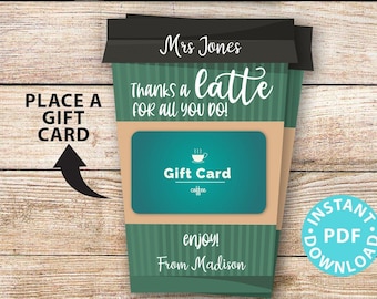 EDITABLE Thank You Gift Card Holder Printable, Coffee Teacher Appreciation, Employee, "Thanks a latte for all you do", INSTANT DOWNLOAD