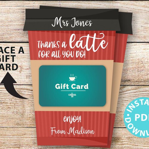 EDITABLE Thank You Gift Card Holder Printable Coffee Teacher Etsy