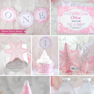 Winter ONEderland Party Decorations Printable Pack, Pink and Silver Snowflakes, Girl First Birthday Party, 1st birthday, INSTANT DOWNLOAD image 1