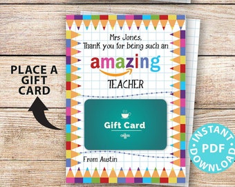 EDITABLE Amazon Gift Card Holder Teacher Gift Printable Template, 5x7", Thank you for being an Amazing Teacher, INSTANT DOWNLOAD