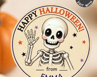 Vintage Skeleton Halloween Stickers, Round Avery Labels, Personalized Canva Template, Instant Treat Bag Printable, Retro Digital Party Favor