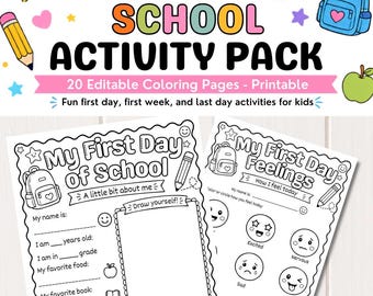 First Day of School Activity Pack Printable, Teacher Elementary Classroom Coloring Worksheets, Kindergarten Icebreaker, Student Keepsake Set