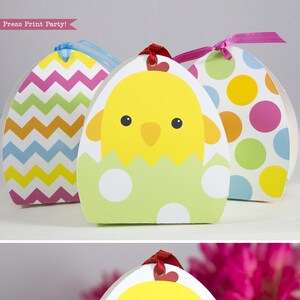 Easter Basket Treat Boxes Printable, Easter Egg Chick Favor Box, Dots and Chevron, Favor Bags Easter Decoration, Spring, INSTANT DOWNLOAD