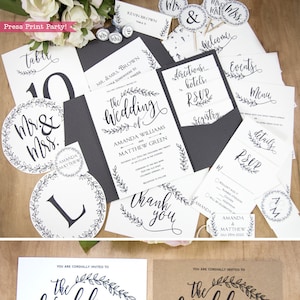 Rustic Wedding Invitation Bundle, Boho Wedding Printable Template, Table Numbers, Menu, Rustic, Pocket, Black, Kraft, Leaf, INSTANT DOWNLOAD