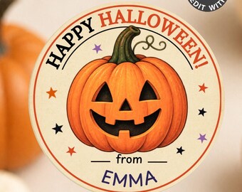 Vintage Pumpkin Halloween Stickers, Round Avery Labels, Personalized Canva Template, Cute Treat Bag Printable, Retro Digital Party Favor Kit