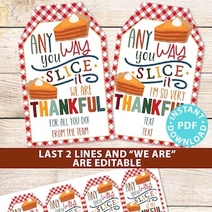 May include: Eight printable gift tags featuring a pumpkin pie slice with the text "Any way you slice it, we are thankful". The tags are decorated with a red and white checkered pattern.