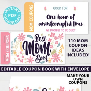 Livro de cupons para mães para impressão, livro de cupons para o dia das mães, ideia de presente personalizada, cupom em branco editável, presente de última hora DIY, DOWNLOAD INSTANTÂNEO