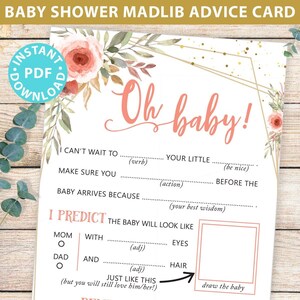 Baby Shower Mad Libs Printable, Oh-Baby-Dusche-Spiel, Pfirsich Blumen, Hinweiskarte, Baby-Gästebuch, Mama oder Mama, Junge, Mädchen, SOFORT-DOWNLOAD