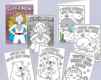 Mother's Day Coloring Cards for Kids Printable Punny l Love You Mama Mother Greeting Card Superhero Mom Colouring Template Berry Cute Set