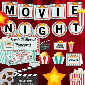 Movie Night Party Printables Teal Rustic, Movie Night Invitation, Birthday Party, Movie Night Sign, Popcorn Box, Toppers, INSTANT DOWNLOAD image 1