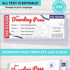 Cruise Boarding Pass Template w. Holder Editable Text Printable, Vacation Surprise Cruise Gift Voucher Ticket, Red & Blue, INSTANT DOWNLOAD