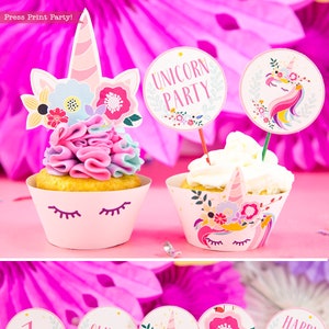 Unicorn Party Cupcake Toppers & Wrappers, Unicorn Horn, Editable Cupcake Toppers, Unicorn Party Decorations, Supplies, INSTANT DOWNLOAD image 1