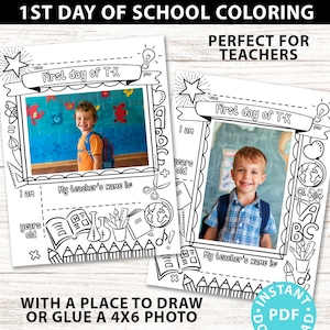 Puede incluir: Páginas para colorear imprimibles en blanco y negro para el primer día de escuela. Las páginas cuentan con un espacio para una foto, un lugar para escribir la edad del niño y un lugar para escribir el nombre del maestro. Las páginas están decoradas con ilustraciones de temática escolar.