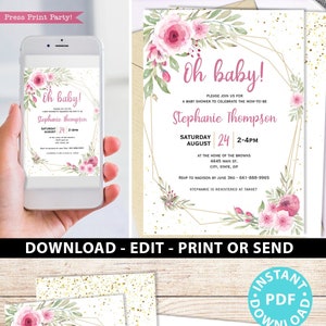 Baby Shower Invitation Editable & Decorations Printables, Blush Pink Floral Sweet Baby Girl, Oh Baby Banner, Welcome Sign, INSTANT DOWNLOAD