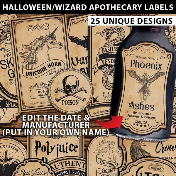 Apothecary Labels Printables, Halloween Potion Bottle Labels Stickers, Editable, Vintage Halloween Decorations, Wizard, INSTANT DOWNLOAD