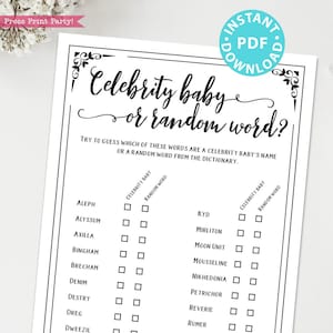 Celebrity Baby Shower Game Printable , Unique Baby Shower Game Template, Funny Baby Shower Activities, Rustic, Girl, Boy, INSTANT DOWNLOAD