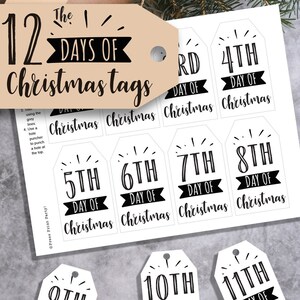 12 Days of Christmas Tags Printable, Rustic, Secret Santa Gift Tags, 12 ...