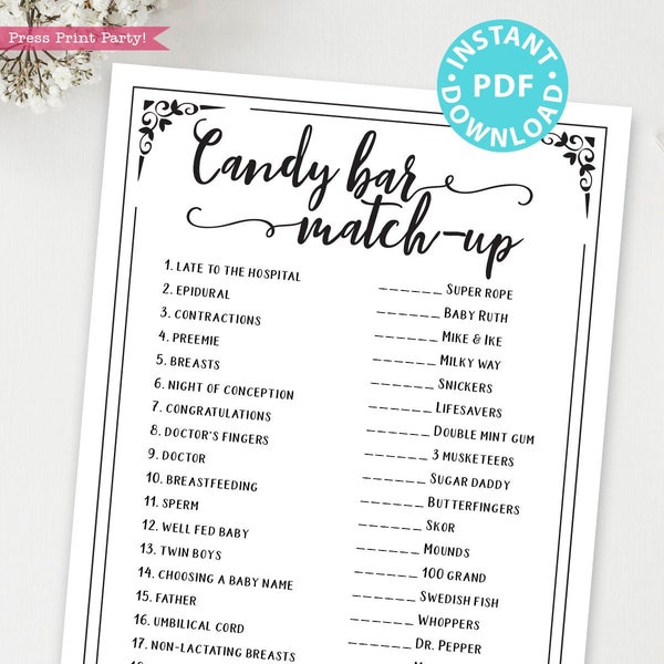 Candy Bar Match-up Baby Shower Game Printable, Unique Baby Shower Game Template, Funny Baby Shower Activities, Rustic, INSTANT DOWNLOAD