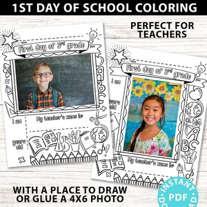 Puede incluir: Página para colorear imprimible en blanco y negro para el primer día de 3er grado. La página presenta un marco para una foto, un espacio para escribir la edad del estudiante y un espacio para escribir el nombre del maestro. La página está decorada con ilustraciones de temática escolar, que incluyen una bombilla, una estrella, un globo terráqueo, tijeras y un lápiz.