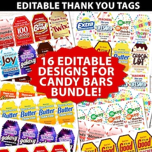 16 Candy Bar Thank You Gift Tags Bundle Editable Printable Teacher Appreciation Week Nurse Staff Driver Assitant Chocolate Favor Basket