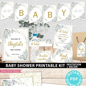 Baby Shower Printable Decoration Kit, Girl Baby Shower Template Bundle, Greenery Baby girl decor, Oh Baby Invitation, INSTANT DOWNLOAD image 1