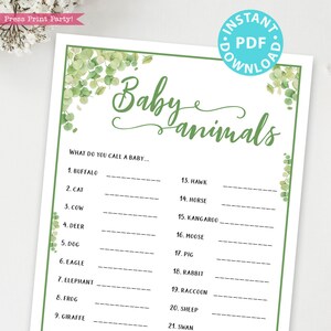 Name the Baby Animals Baby Shower Game Printable, Eucalytus Baby Shower Game Template, Funny Activities, Girl, Boy, INSTANT DOWNLOAD
