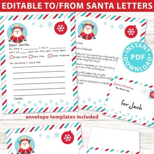 Plantilla imprimible de carta a Papá Noel editable, para enviar y recibir a Papá Noel, carta para que los niños sepan que Papá Noel está de regreso, membrete de Papá Noel feliz, sobres, DESCARGA INSTANTÁNEA