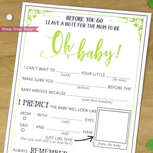 Baby Shower MadLibs Beratung Karte, Baby Mädchen oder Junge, grün, Mutter-zu-be Beratung Karte, Babypartyspiele, oh Baby, neutral, INSTANT DOWNLOAD