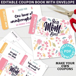 MOM Coupon template Printable Book, Mother&#39;s Day Coupon Book Personalized Gift Idea, Editable Blank Coupon, Diy, INSTANT DOWNLOAD
