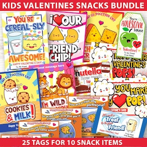 CLASSROOM Valentines Tags Bundle Food Valentines Kids Printable Valentine Cards Personalized Teacher Valentines Snacks School Valentine Tags