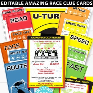 The Amazing Race Party Printable Invitation and Clue Cards, Editable, Route Marker, Amazing Race Clue Cards, Game Cards, INSTANT DOWNLOAD