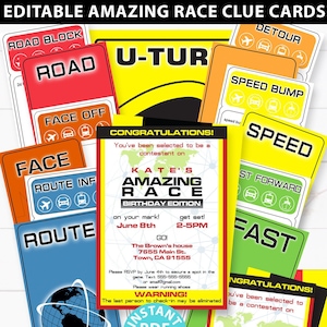 Editable Amazing Race clue cards and invitation with labels. Make your own Amazing Race Party Challenges