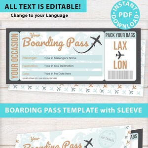 May include: Editable printable boarding pass template with a world map background and airplane icons. The template includes fields for passenger name, destination, and date. The text "Your Boarding Pass" is in a gold font with a blue airplane icon.