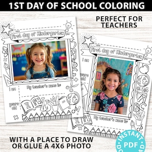 Puede incluir: Páginas para colorear imprimibles en blanco y negro para el primer día de escuela. Las páginas cuentan con un marco para una foto y espacio para escribir la edad del niño y el nombre del maestro. Las páginas están decoradas con ilustraciones de temática escolar como libros, lápices y un globo terráqueo.