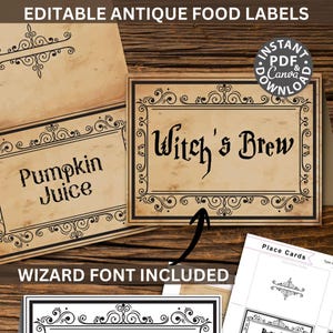 EDITABLE Wizard Place Cards Printable, Halloween Candy Buffet, Witch Wizard Party Theme, Vintage Halloween Antique Decor, Food Tent Card (1)