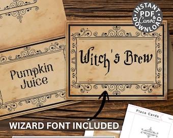 EDITABLE Wizard Place Cards Printable, Halloween Candy Buffet, Witch Wizard Party Theme, Vintage Halloween Antique Decor, Food Tent Card (1)