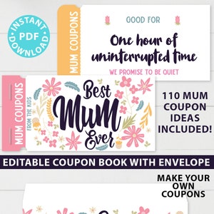 MUM Coupons Book Printable, Mother&#39;s Day Coupon Book Personalized Gift Idea, Editable Blank Coupon, diy Last Minute Gift, INSTANT DOWNLOAD