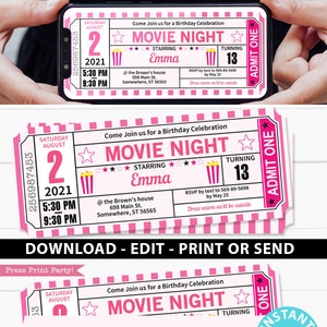 Filmabend-Einladung zum Ausdrucken PINK, Kinokarten-Stub-Einladung, Vintage-Ticket, Kinokartenvorlage, Geburtstagsparty, SOFORTIGER DOWNLOAD