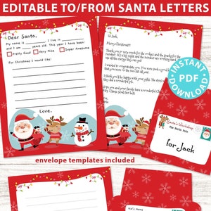 Plantilla imprimible de carta a Papá Noel editable, para enviar y recibir a Papá Noel, carta para que los niños sepan que Papá Noel está de regreso, membrete de Papá Noel feliz, sobres, DESCARGA INSTANTÁNEA