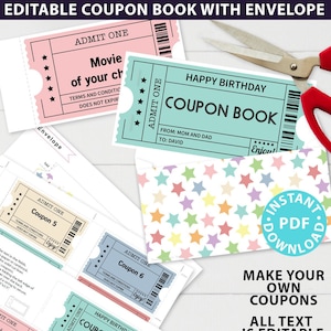 EDITIERBARE Gutscheinbuchvorlage, mehrfarbige Tickets zum Ausdrucken, individuelle Geburtstagsgutscheinbuch-Geschenkidee, selbstgemachter Blanko, SOFORTIGER DOWNLOAD
