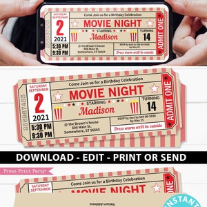Filmabend Einladung Printables RED Vintage Ticket, Kinokarte Stub einladen, Kinokarte Vorlage, Geburtstagsfeier, SOFORTIGER DOWNLOAD