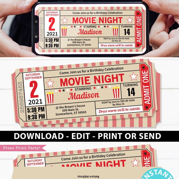 Movie Night Invitation Printables RED Vintage Ticket, Movie Ticket Stub Invite, Movie Ticket Template, Birthday party, INSTANT DOWNLOAD