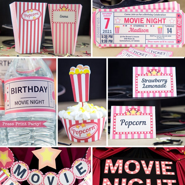 Movie Night Party Printables RED vintage, Movie Night Invitation, Birthday Party, Movie Night Sign, Popcorn Box, Toppers, INSTANT DOWNLOAD