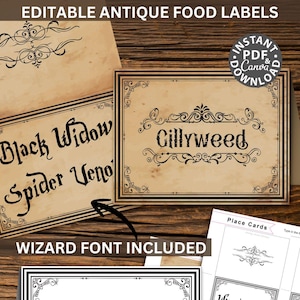 EDITABLE Wizard Food Labels Printable, Halloween Candy Buffet, Witch Wizard Party Theme, Vintage Halloween Decor, Antique Tent Placecard (2)