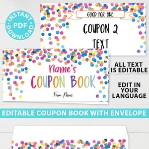Druckbare Gutscheinbuchvorlage, DIY Geburtstagsgutscheinbuch, individuelle Geschenkidee, Konfetti bearbeitbares leeres Gutscheinbuch für Kinder, SOFORTIGER DOWNLOAD