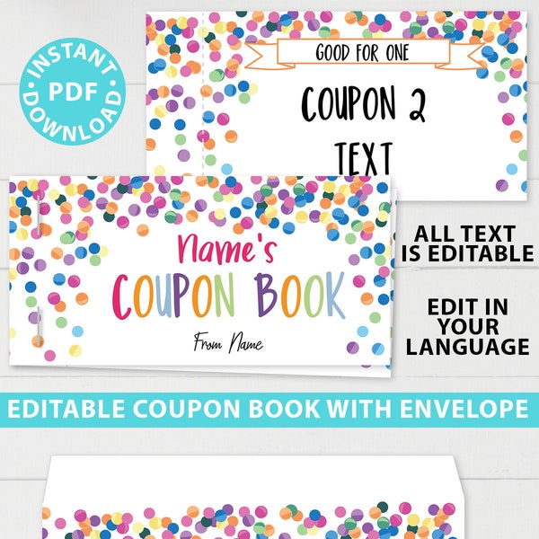 Printable Coupon Book Template, DIY Birthday Coupons Book, Custom Gift Idea, Confetti Editable Blank Coupon Book for Kids, INSTANT DOWNLOAD