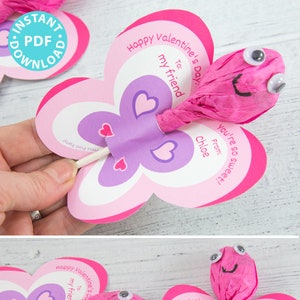Butterfly Lollipop Kids Valentine Card Printable Holder, Gift Tag For Friend, Classmate at School, for Teacher, Editable INSTANT DOWNLOAD